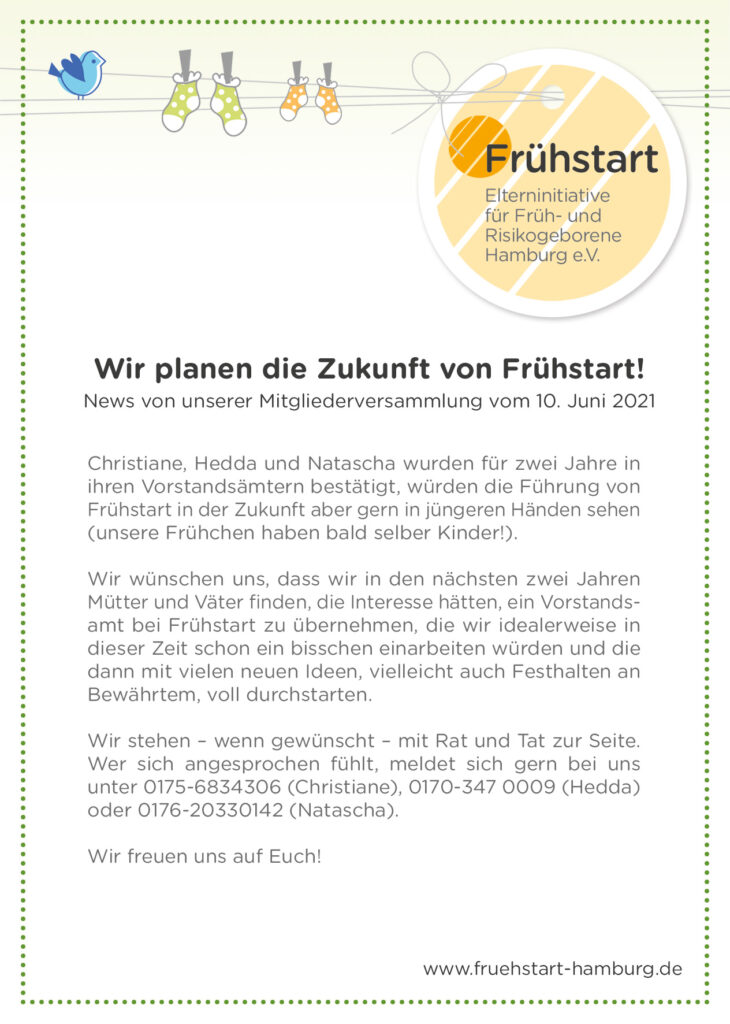 Wer hat Interesse ein Vorstandsamt bei Frühstart Hamburg e.V. zu übernehmen?